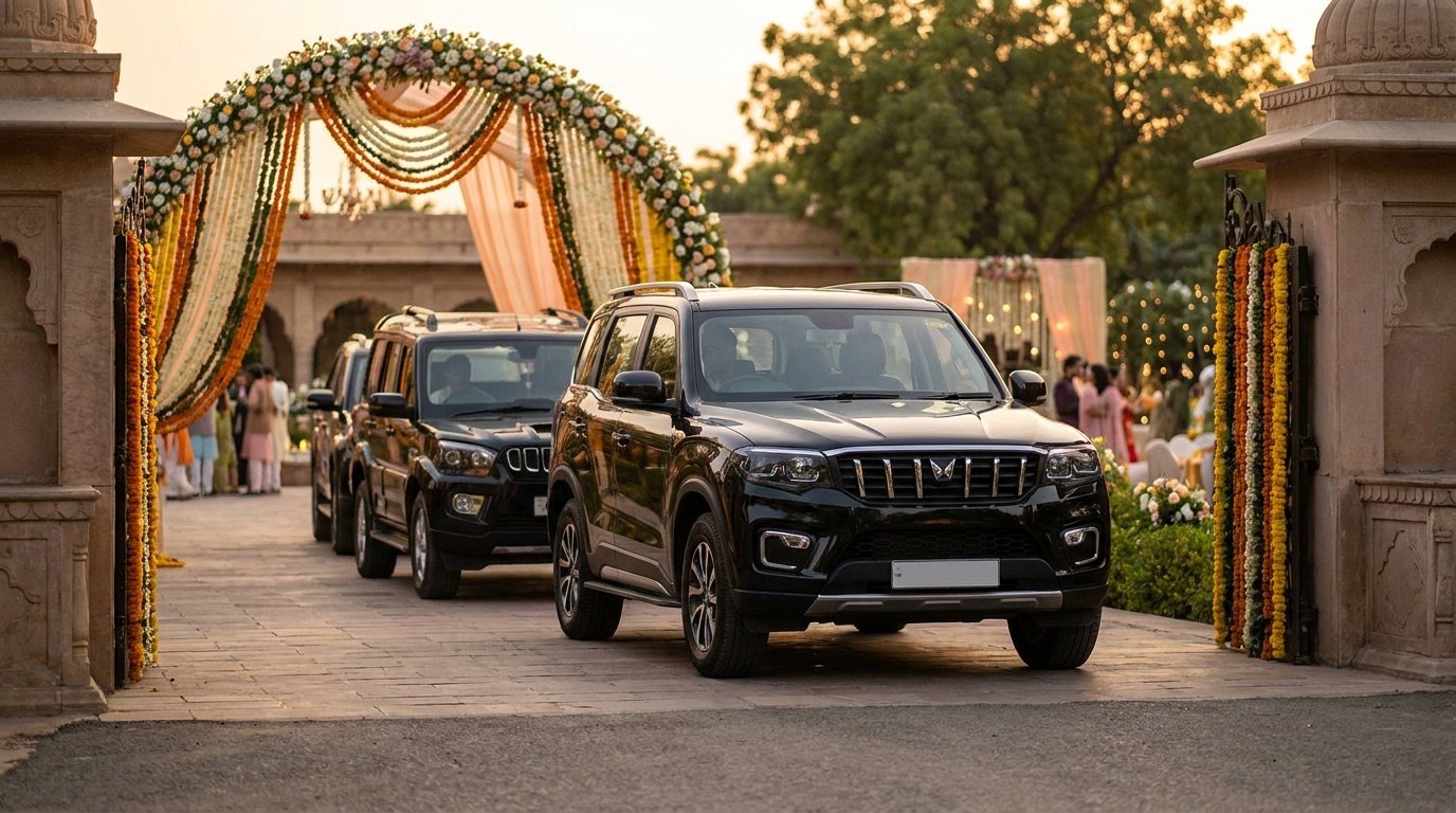 Convoy of black premium SUVs at an Indian wedding venue